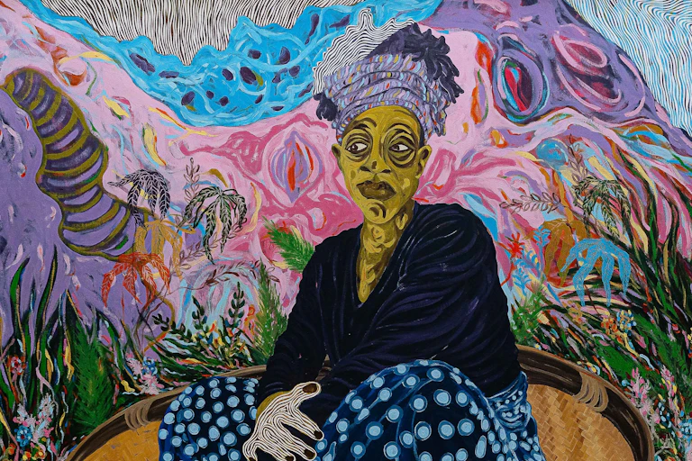 An oil painting showing a woman in traditional headgear seated in front of a landscape of mountains and sky.