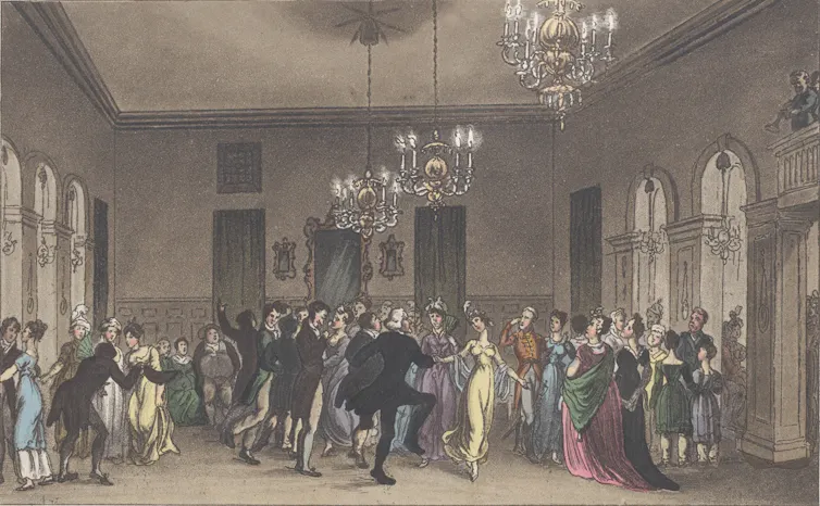 Dibujo de un grupo de gente bailando en un salón.