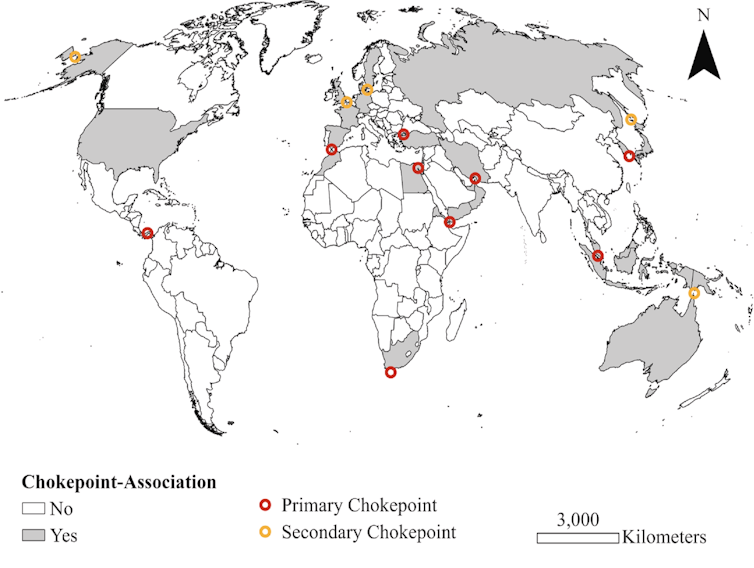 A map of the world has various points marked out