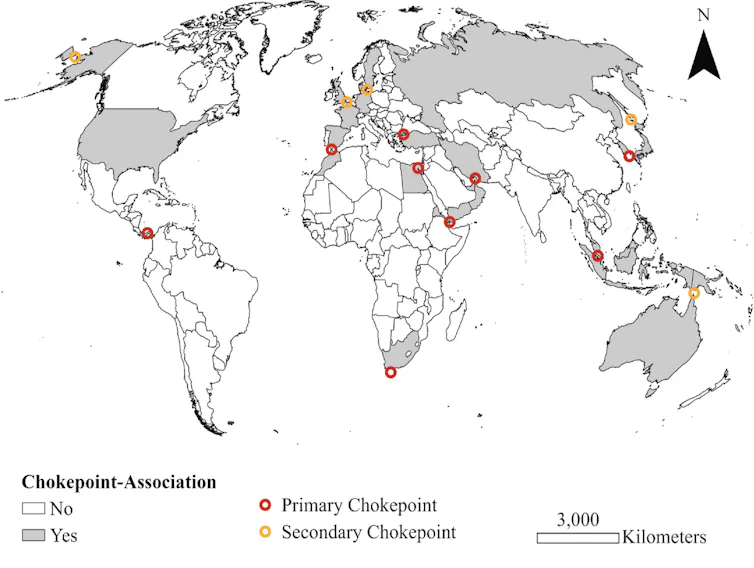 A map of the world has various points marked out
