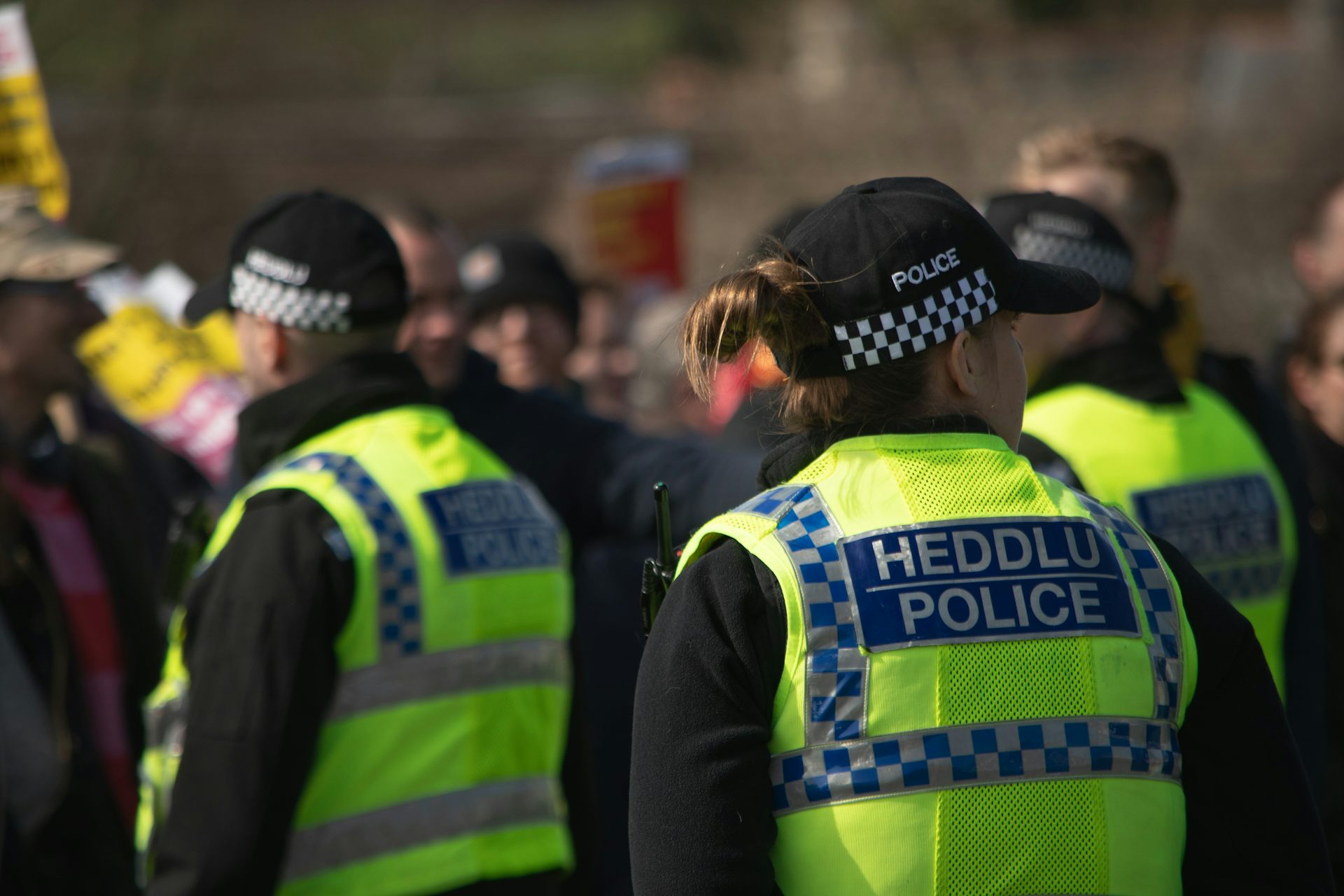 View from behind of Welsh police officers