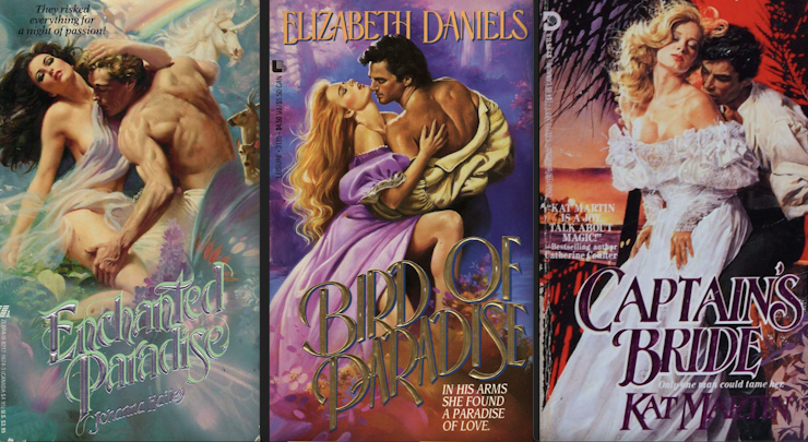 Three book covers featuring illustrations of hunky men wooing beautiful women.