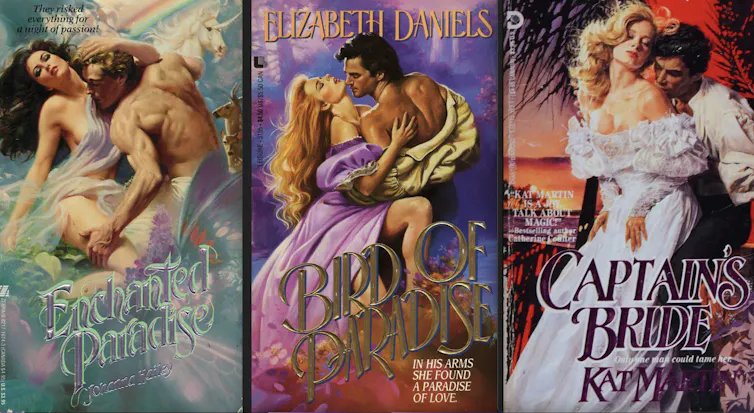Three book covers featuring illustrations of hunky men wooing beautiful women.