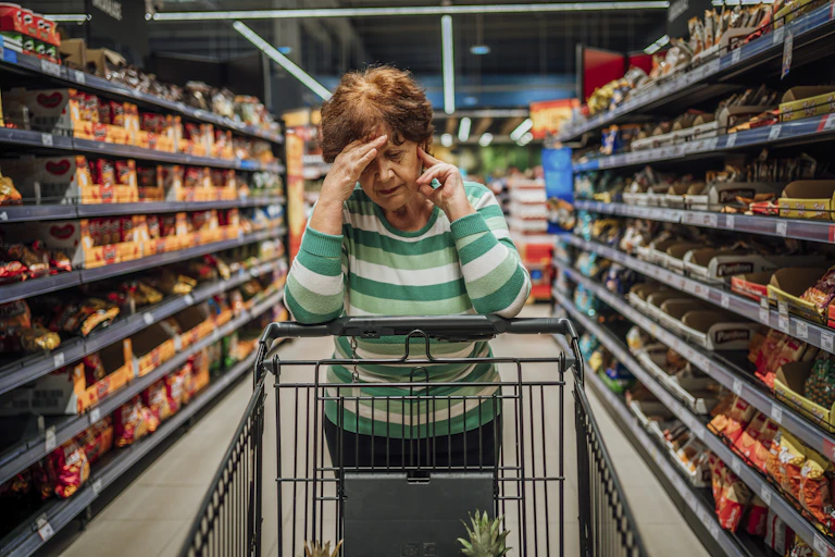 Older woman, head in hands, pushing trolley in supermarket.