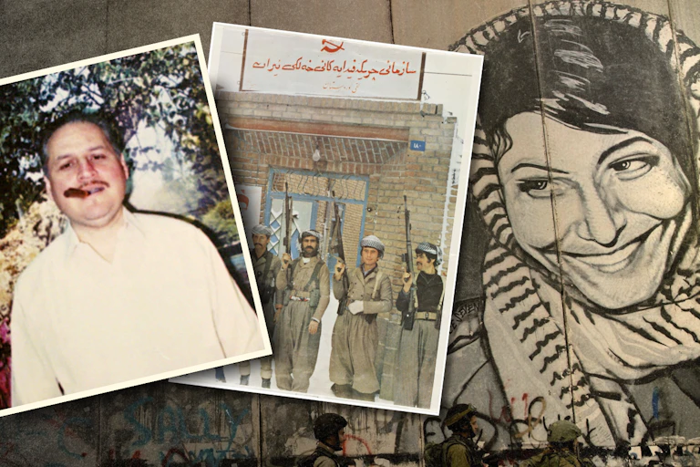 A man with a cigar in his teeth, armed paramilitaries and a smiling woman in a Palestinian headscarf