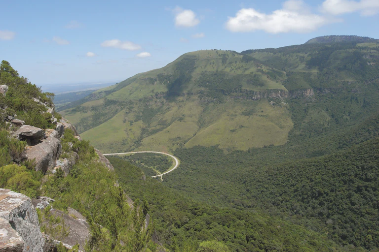 Two mountains covered with grass, trees and shrubs