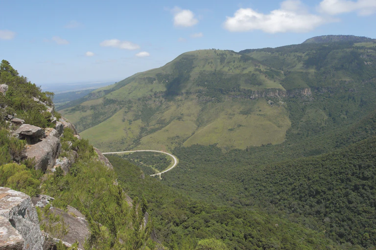 Two mountains covered with grass, trees and shrubs