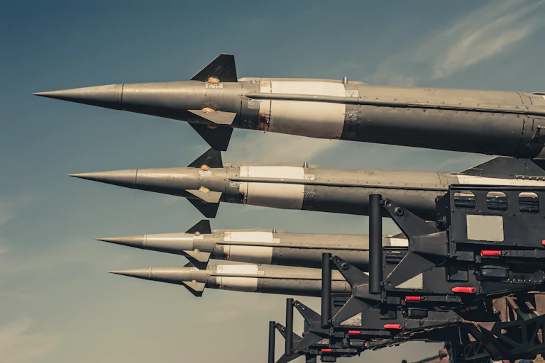 Defensive missiles pointed towards the sky.