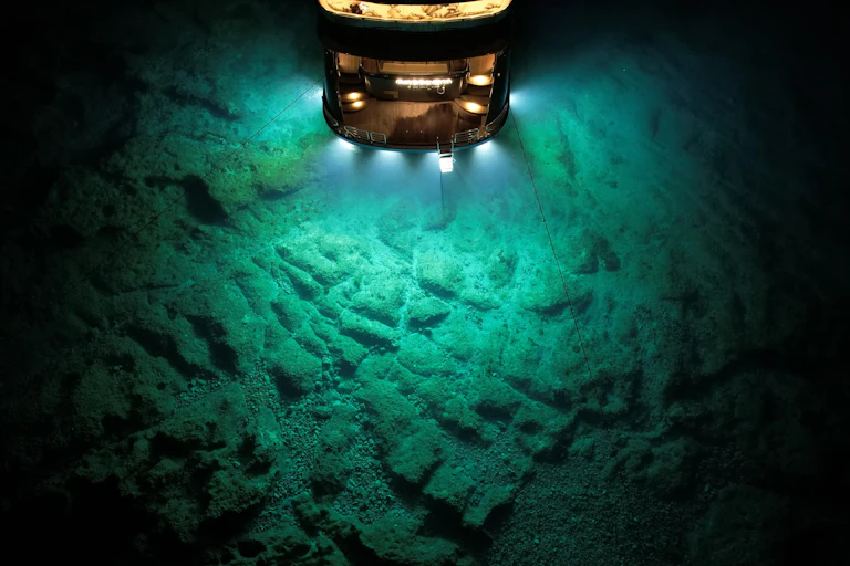 big camera with lamp lighting up deep sea bed