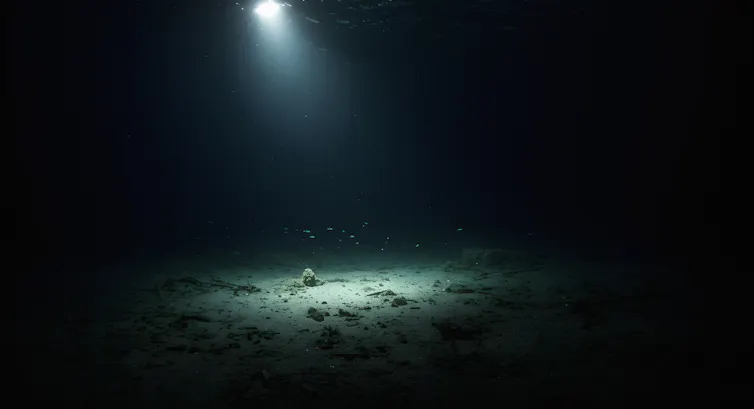 dark seabed, torch lighting up