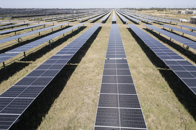 Lines of solar panels stretching across the ground about 20 soccer fields big