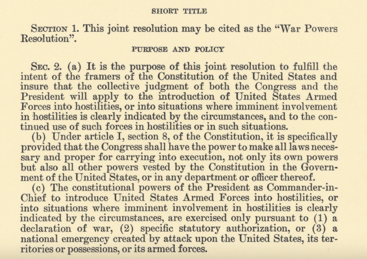 A section of text from a Congressional resolution about war powers.