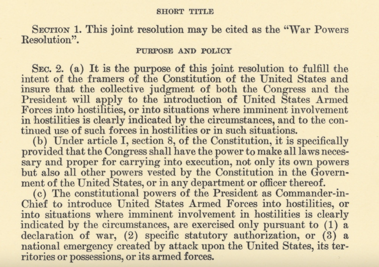 A section of text from a Congressional resolution about war powers.