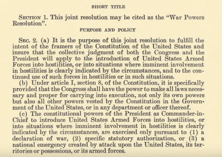 A section of text from a Congressional resolution about war powers.