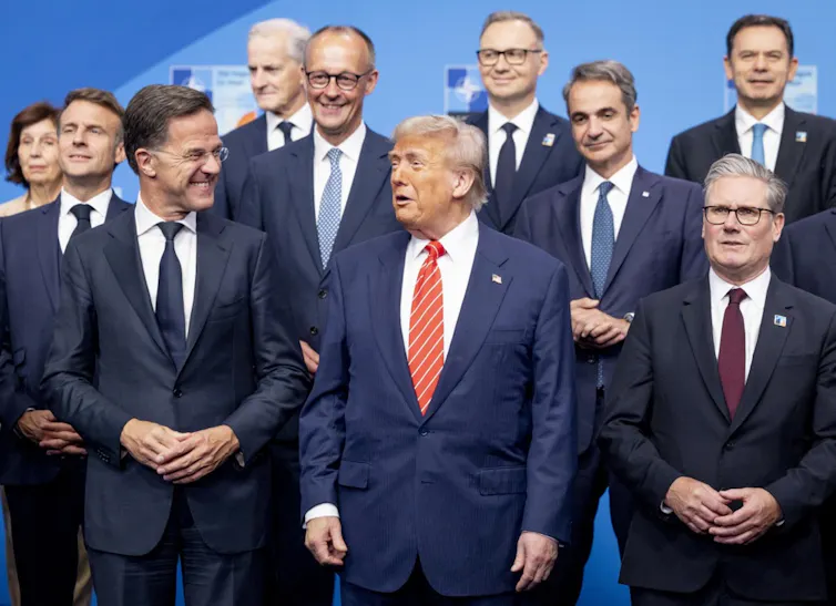 US president Donald Trump with European leaders at NATO Summit in The Hague, June 2025.