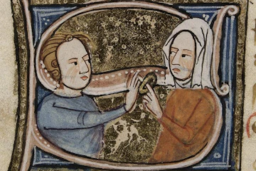 Medieval manuscript illustration of a man placing a ring on a woman's finger.