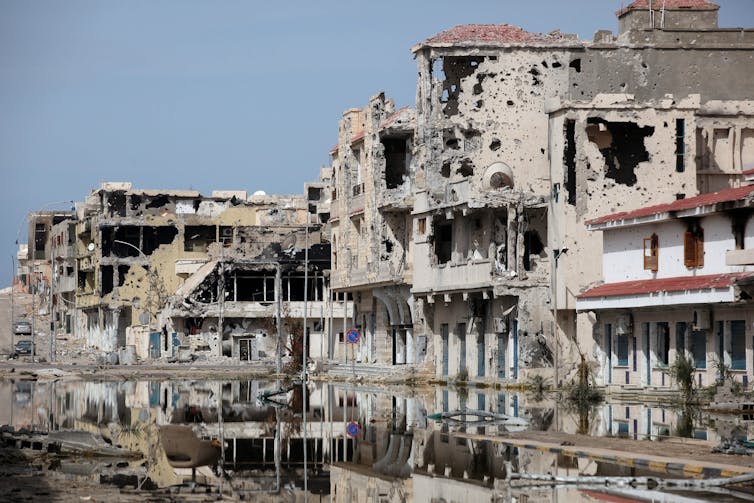 Damaged buildings in the city of Sirte in Libya.