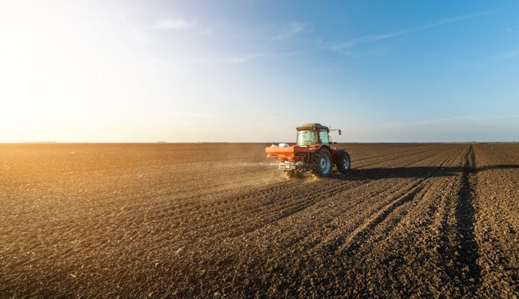 A tractor spreading fertiliser in a wide open field.