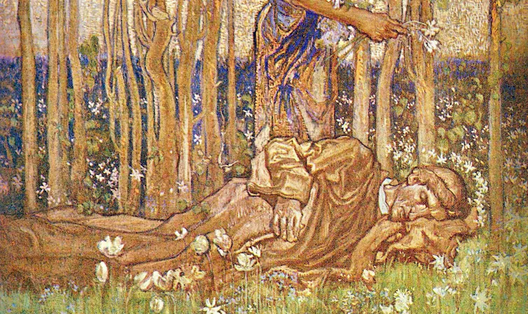 Painting of a man lying in a forest surrounded by flowers