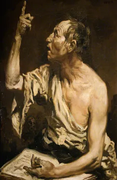 Painting of an elderly man pointing to the sky