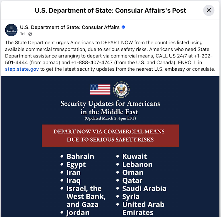 A Facebook post with a message from the State Department on March 3, 2026, urging 'Americans to DEPART NOW' from the countries listed.
