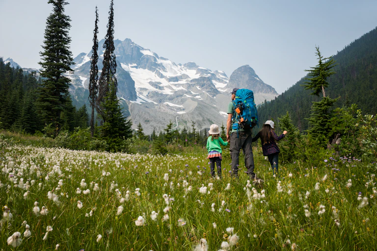 A father and his young daughters walk through a field of wildflowers with a snow-covered mountain ahead.