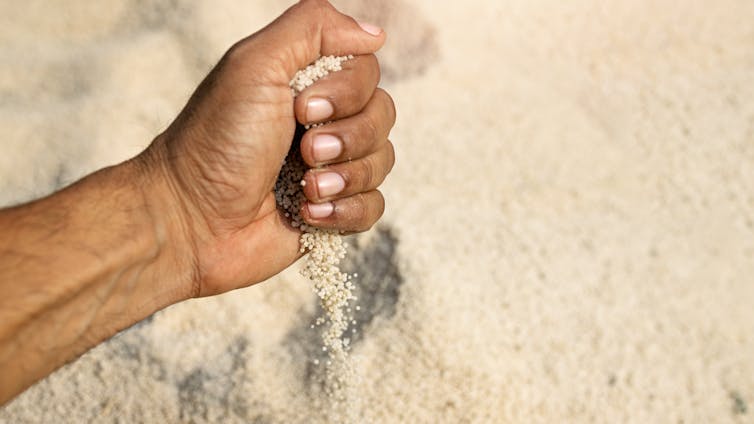 Close-up of a person's hand holding granular urea fertiliser.