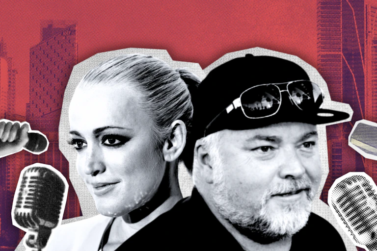 A composite image of Jackie O and Kyle Sandilands against a red background