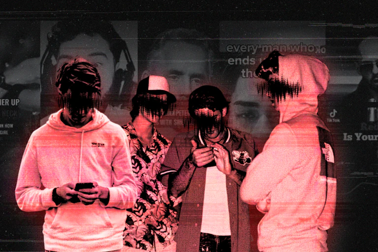 A black and red composite image of teenage boys on their phones with their faces obscured