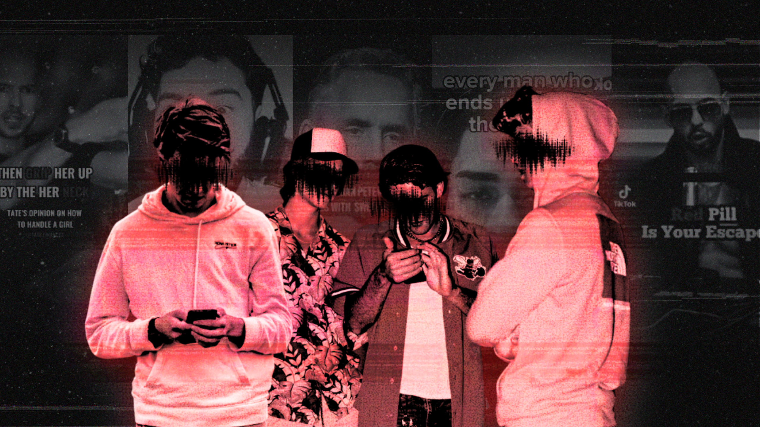 A black and red composite image of teenage boys on their phones with their faces obscured