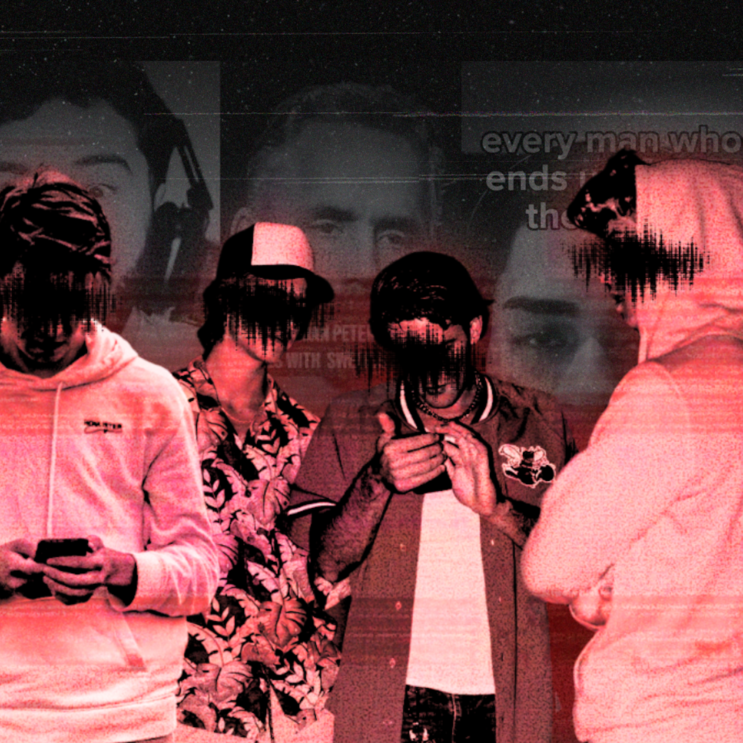 A black and red composite image of teenage boys on their phones with their faces obscured
