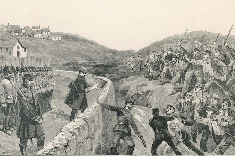 Illustration of crofters on the Isle of Lewis facing off against uniformed officials as they protest the imposition of walled enclosures on their common land.