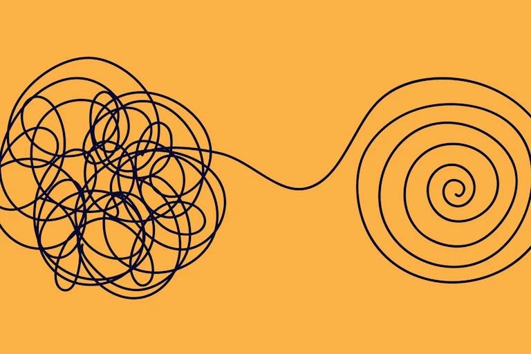 yellow background, black line, left side in knotted circle, right side line in spiral