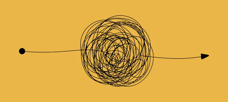 yellow bakcground, black line with knotted lines, straight black line coming out from side