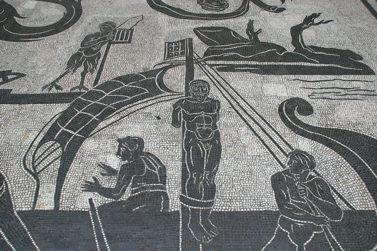 A black and white mosaic showing Odysseus tied to the mast of a ship resisting the Siren.