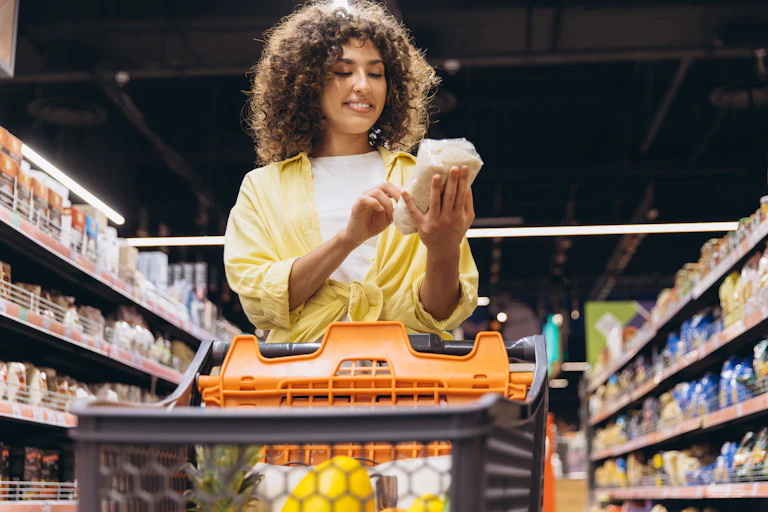 Une femme fait ses courses, munie d'un caddy, dans un rayon de supemarché.