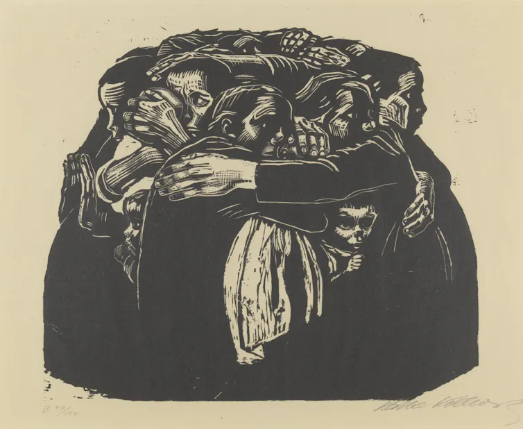 Woodcutting showing women huddled together