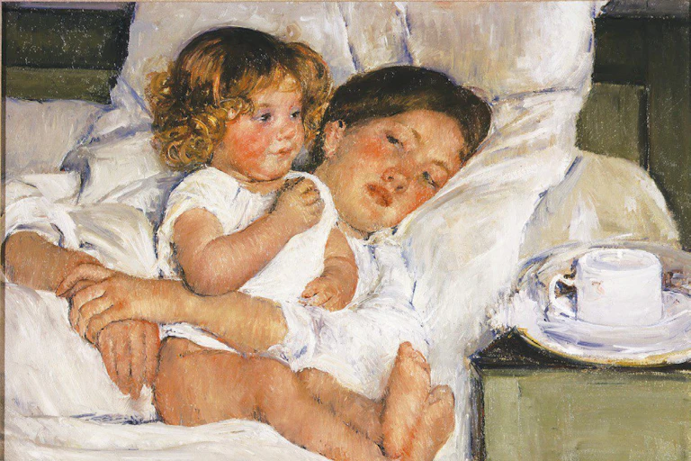 Painting of a mother and child in bed