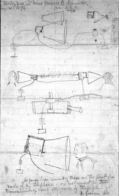 Um esboço de 1876 de Alexander Graham Bell mostrando sua tecnologia telefônica.