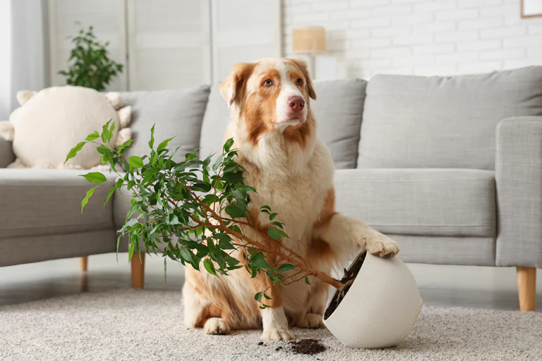 Un perro con una planta