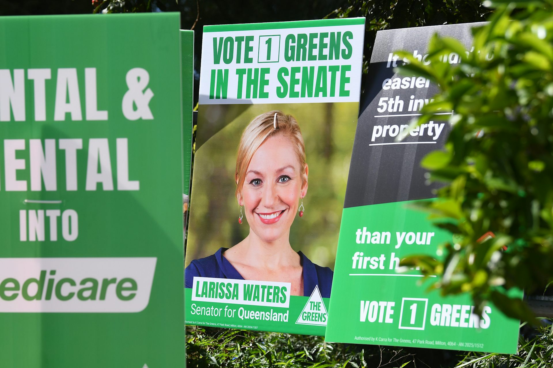 A row of political campaign signs for the Greens.