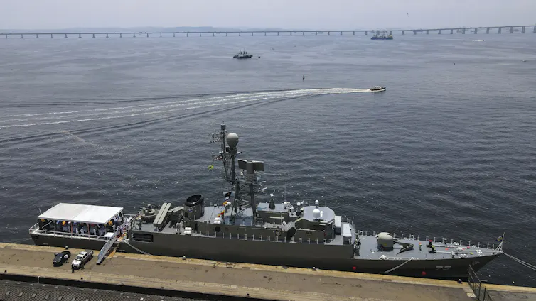 A file picture taken with a drone shows the Iranian frigate IRIS Dena anchored in the port of Rio de Janeiro in 2023.