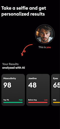 App showing a photo of a man and scores for 'Masculinity', 'Jawline', and 'Eyes'.