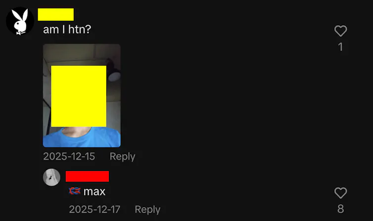 A post where a user shows a photo of his face and asks 'am I htn' and another user comments 'ropemax'