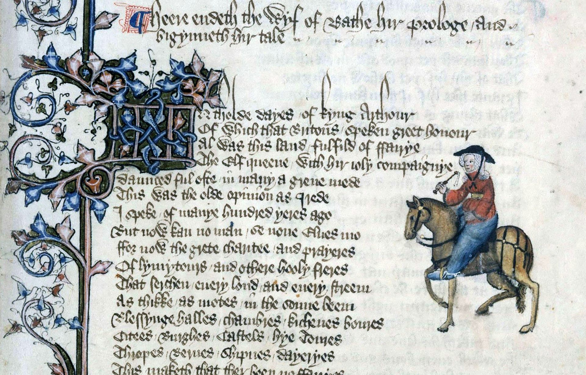 A medieval script in English showing an illustration of a woman on horseback.