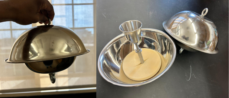 The left image shows a person holding up an air sampler, which looks like two stainless steel bowls; a larger one places upside down on top of a smaller one, with a hook attached for hanging. The right image shows the two bowl-like pieces taken apart. Inside is a spongelike disk