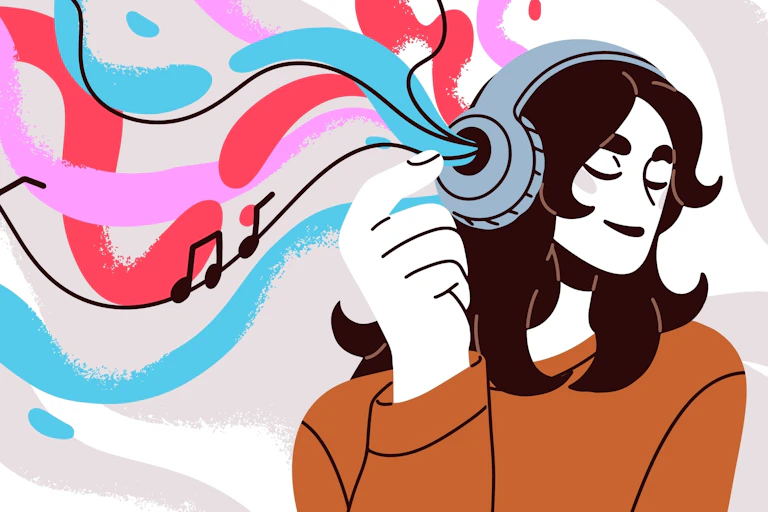 Ilustração de uma jovem ouvindo música com fones de ouvido.