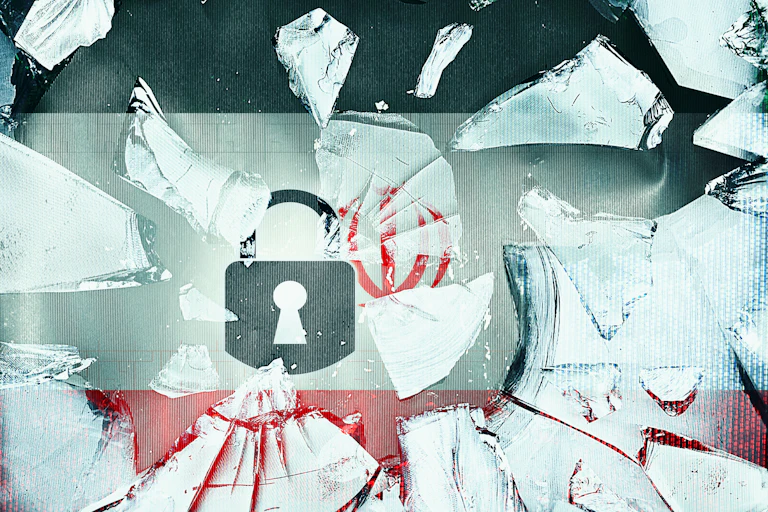 Shattered glass superimposed on an Iranian flag with a padlock on it.