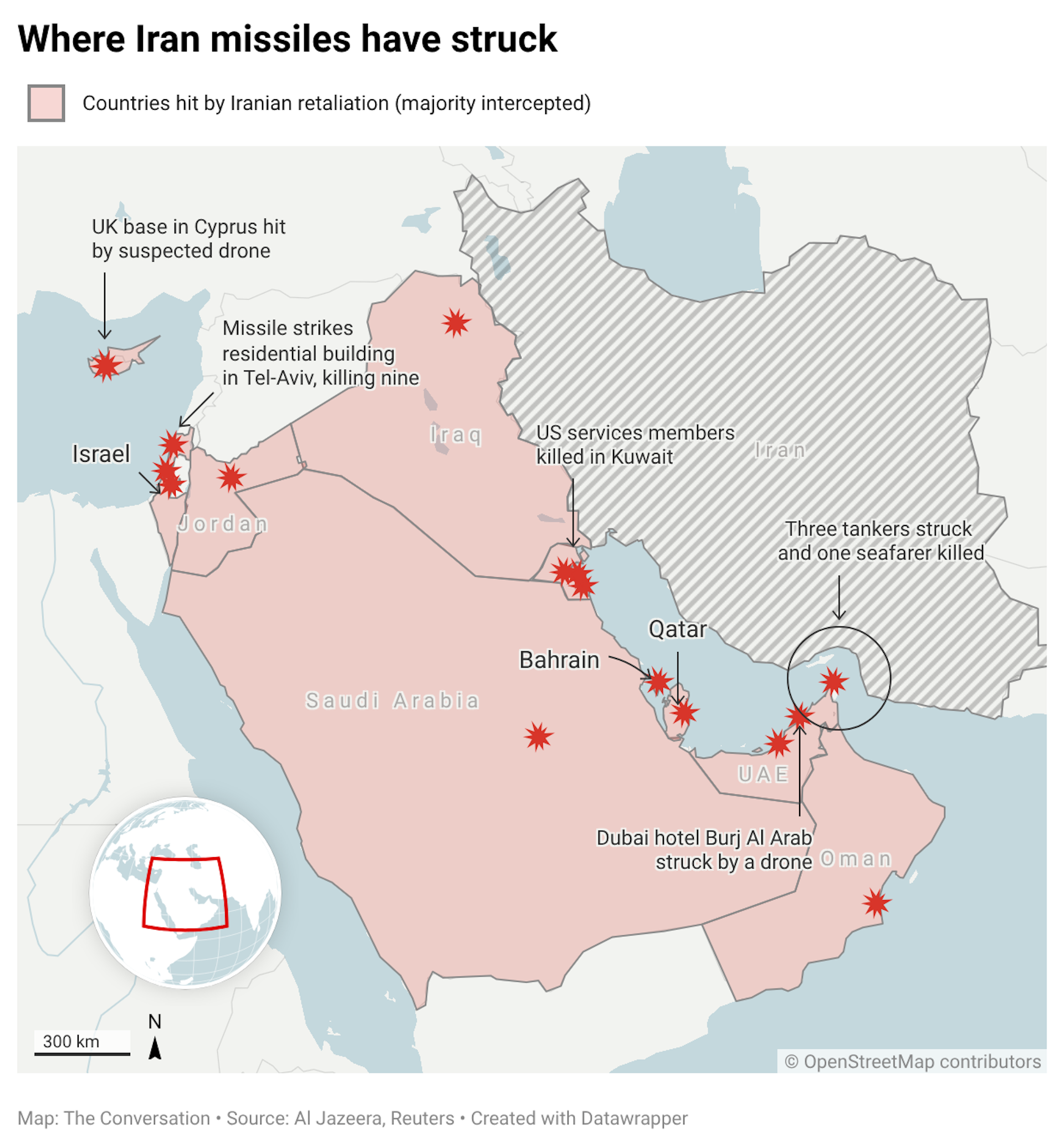 A map showing locations where Iran's missiles have struck.
