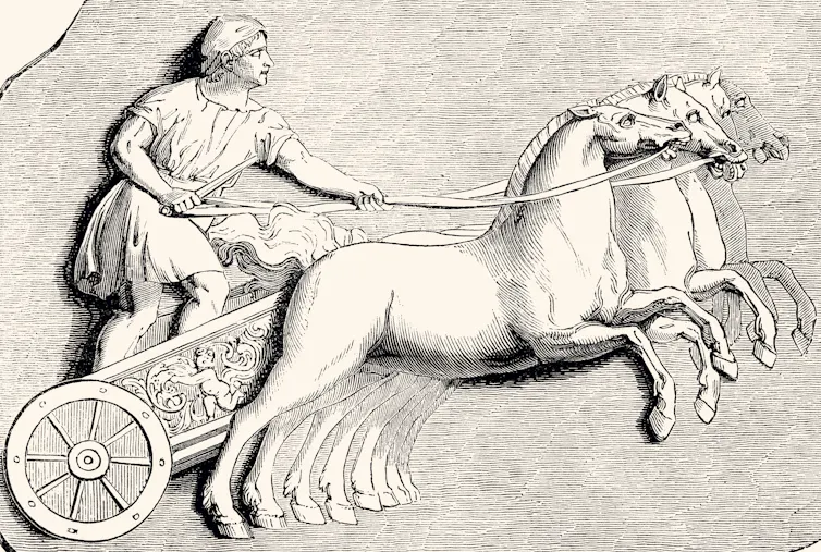 black-and-white engraving of an ancient Roman man standing in chariot holding reigns of four horses